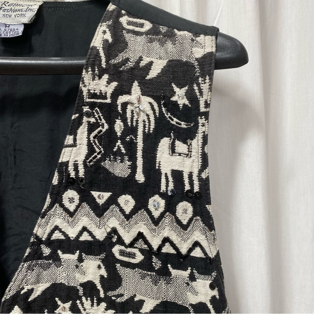 Vintage Raiment Fashions Black White Ethnic Tapestry Vest sz M - Picture 5 of 10